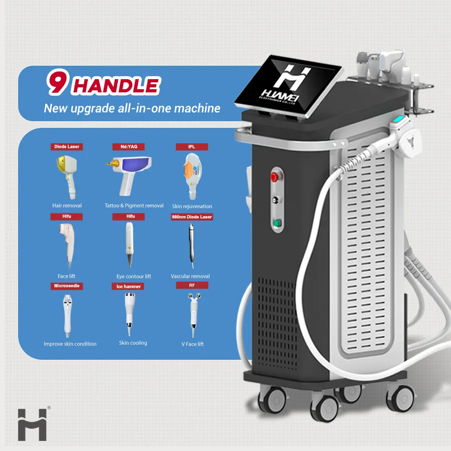 9 in 1 IPL Skin Rejuvenation Tattoo Removal Hifu Microneedling RF Diode Laser Hair Removal Multi-Functional Beauty Machine